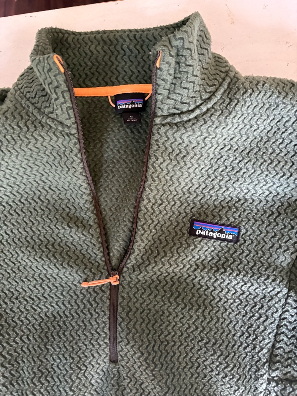 Patagonia Olive Green Quarter-Zip Fleece with Orange Trim